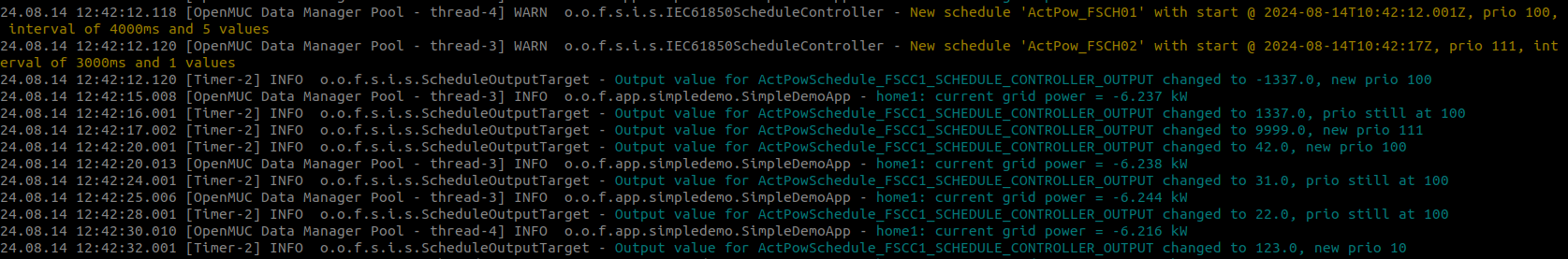 Log during execution of tree schedules: reserve schedule with priority=10, ActPow_FSCH01 with priority=100 and ActPow_FSCH02 with priority=111.